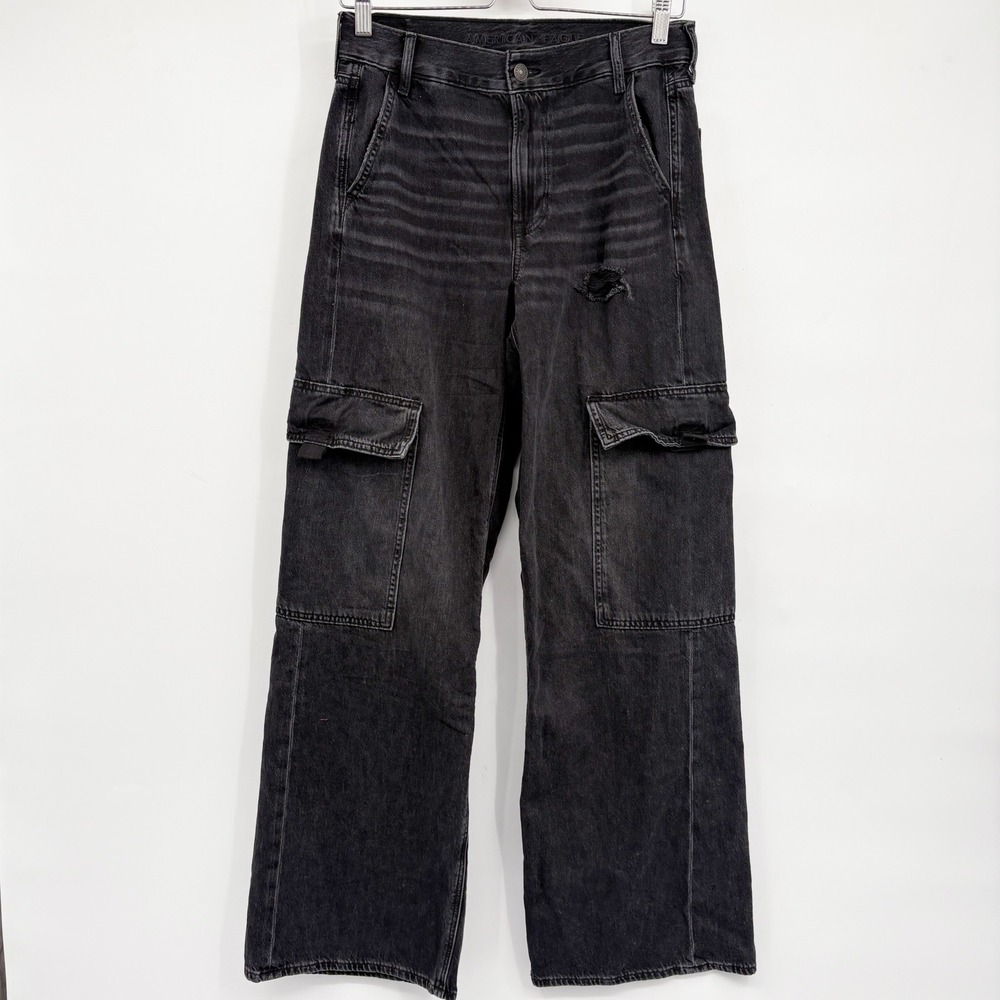 American Eagle Womens Black Cargo Grunge Super High Rise Baggy Wide Leg Jeans 4